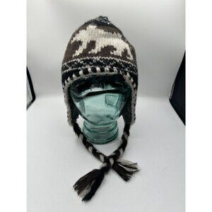 Eddie Bauer Bear Pattern Lined Trapper Hat Ear Flaps Black Brown & Cream